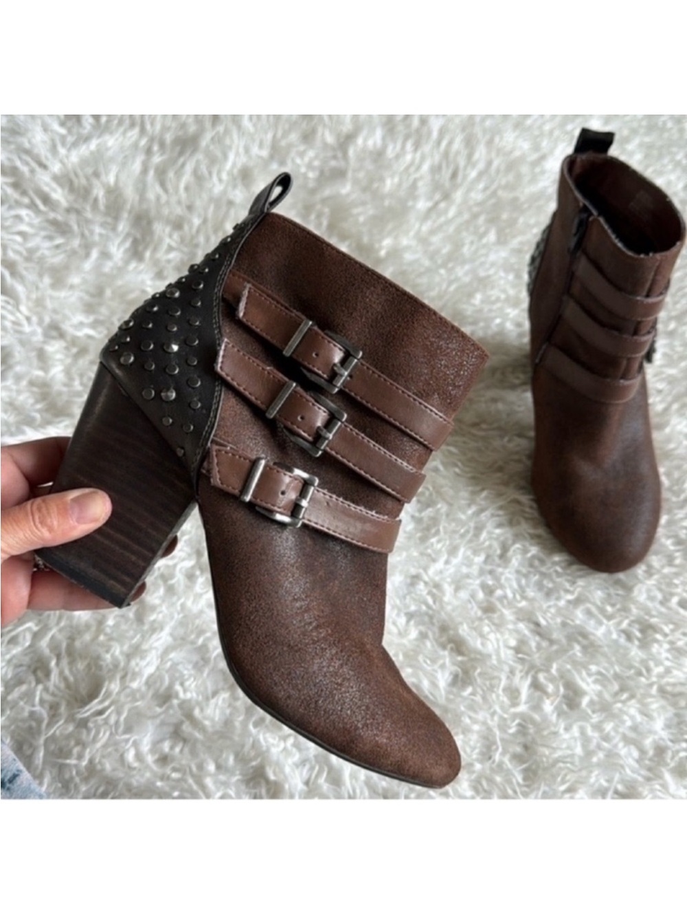 Jessica Simpson Leather Upper Heeled Ankle Boots/Booties Sz 8.5 Studs Brown Gray
